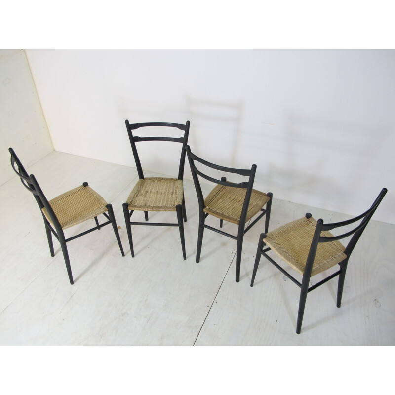 Suite de 4 chaises italiennes vintage en bouleau et rotin