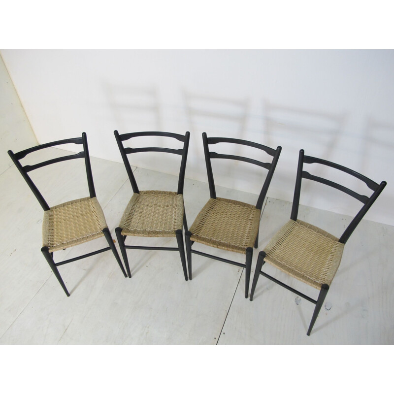Suite de 4 chaises italiennes vintage en bouleau et rotin