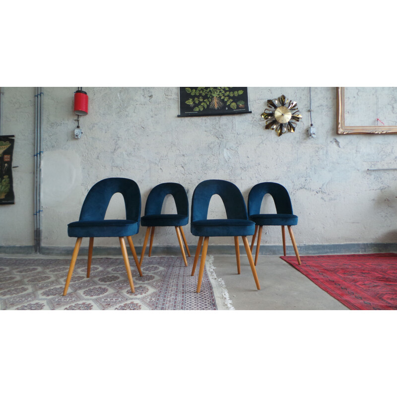 Set of 4 chairs in blue velvet by Antonin Suman for Tatra Nabytok