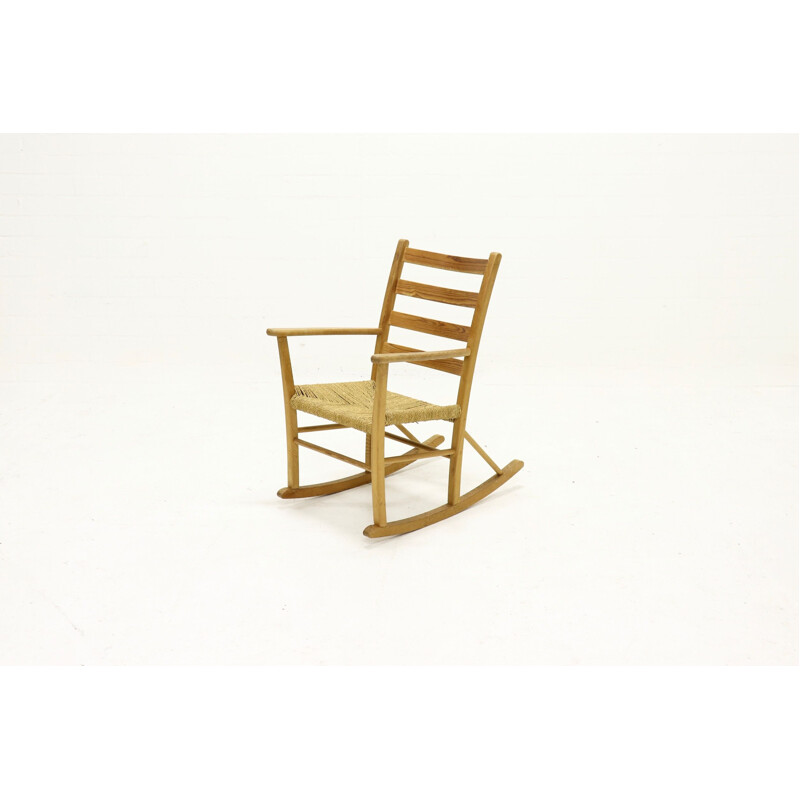 Vintage French pine and sisal rocking chair 1950