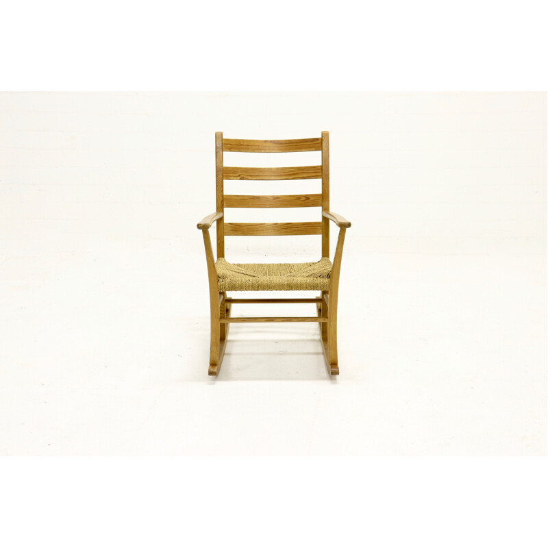 Vintage French pine and sisal rocking chair 1950