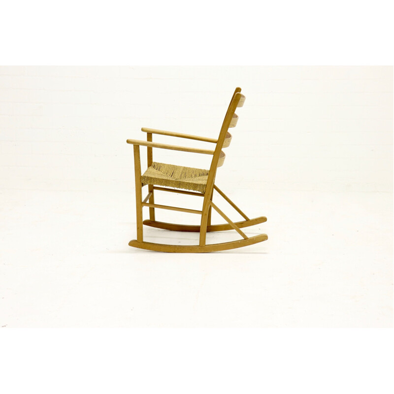 Vintage French pine and sisal rocking chair 1950