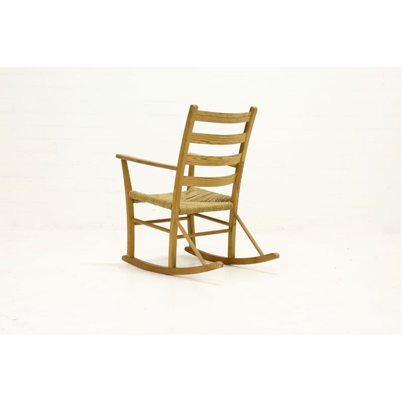 Vintage French pine and sisal rocking chair 1950