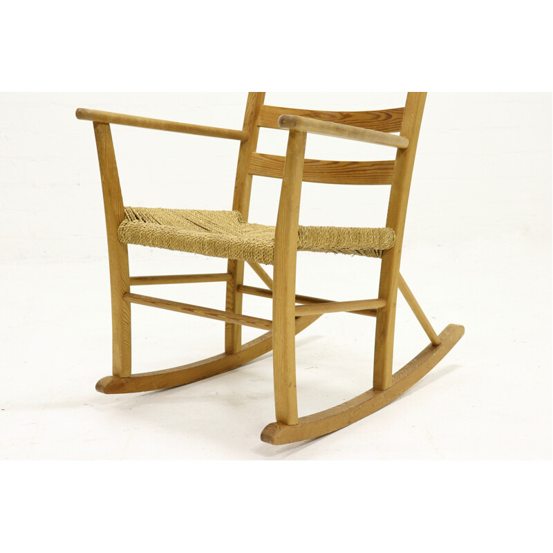 Vintage French pine and sisal rocking chair 1950