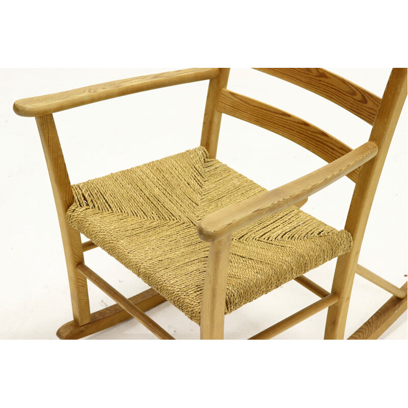 Vintage French pine and sisal rocking chair 1950