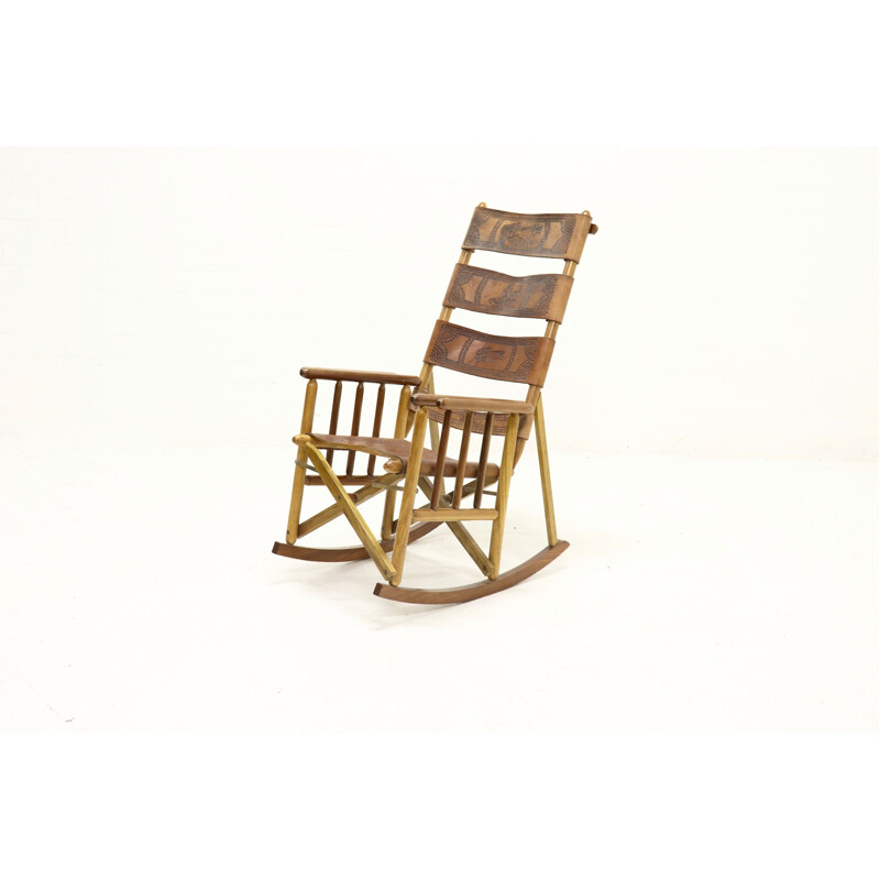 Vintage leather campaign folding rocking chair
