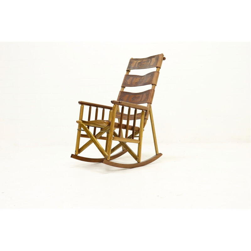 Vintage leather campaign folding rocking chair