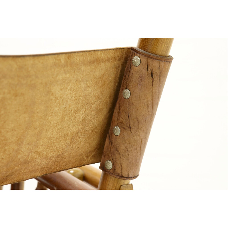 Chaise à bascule vintage pliante de campagne en cuir