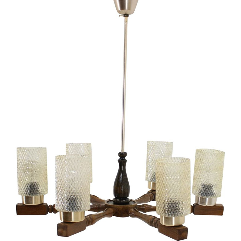 Grande candelabro de madeira e vidro vintage