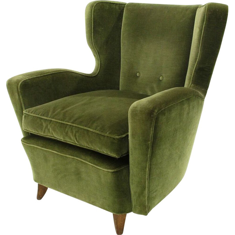 Vintage wooden armchair in green velvet