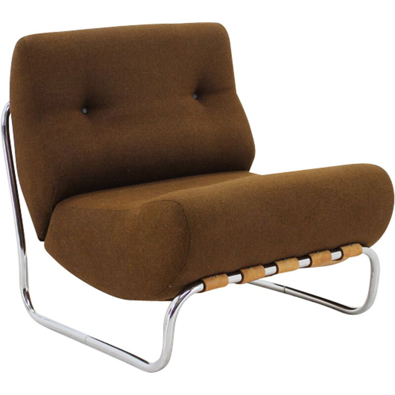 German vintage lounge chair in steel and brown fabric