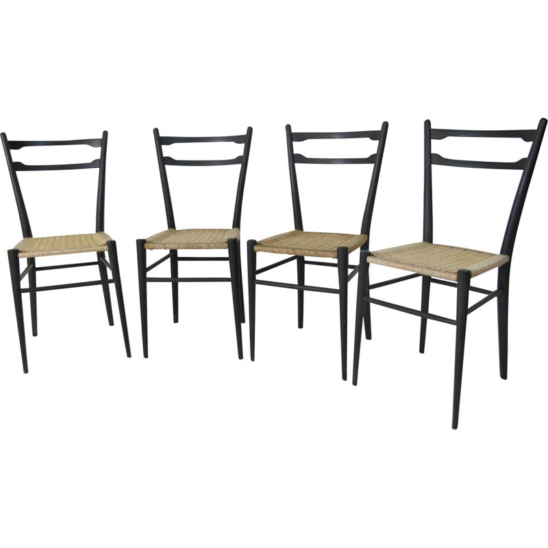 Set of 4 vintage Italian chairs in wood and rattan