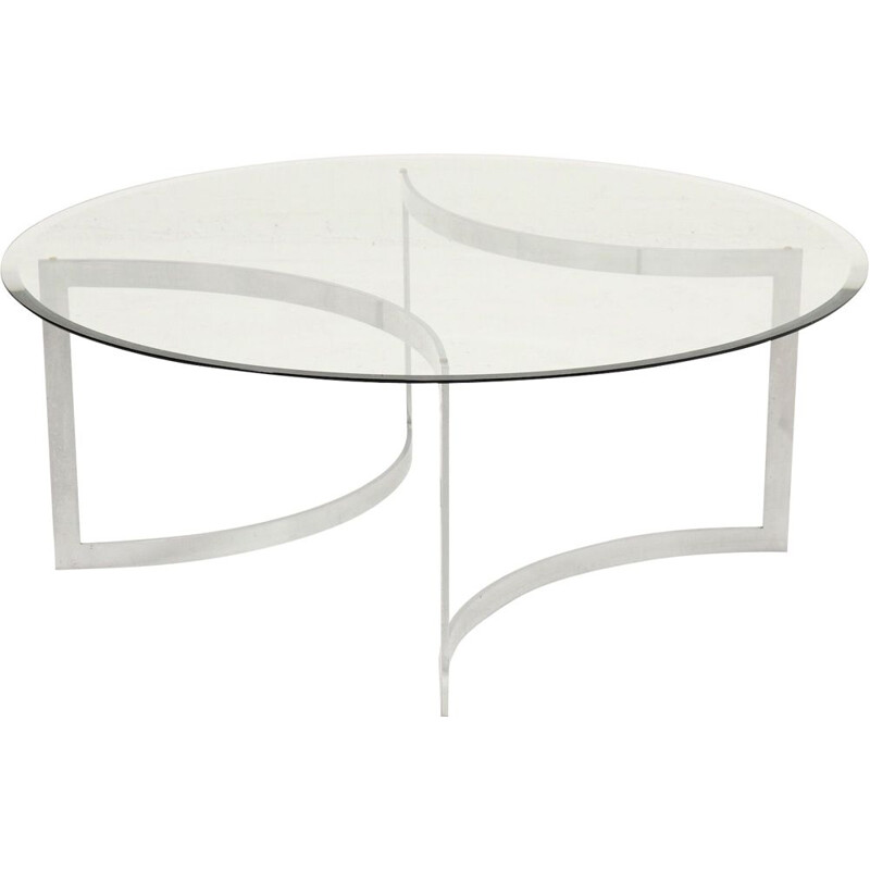Vintage brushed metal and glass coffee table by Paul Legeard