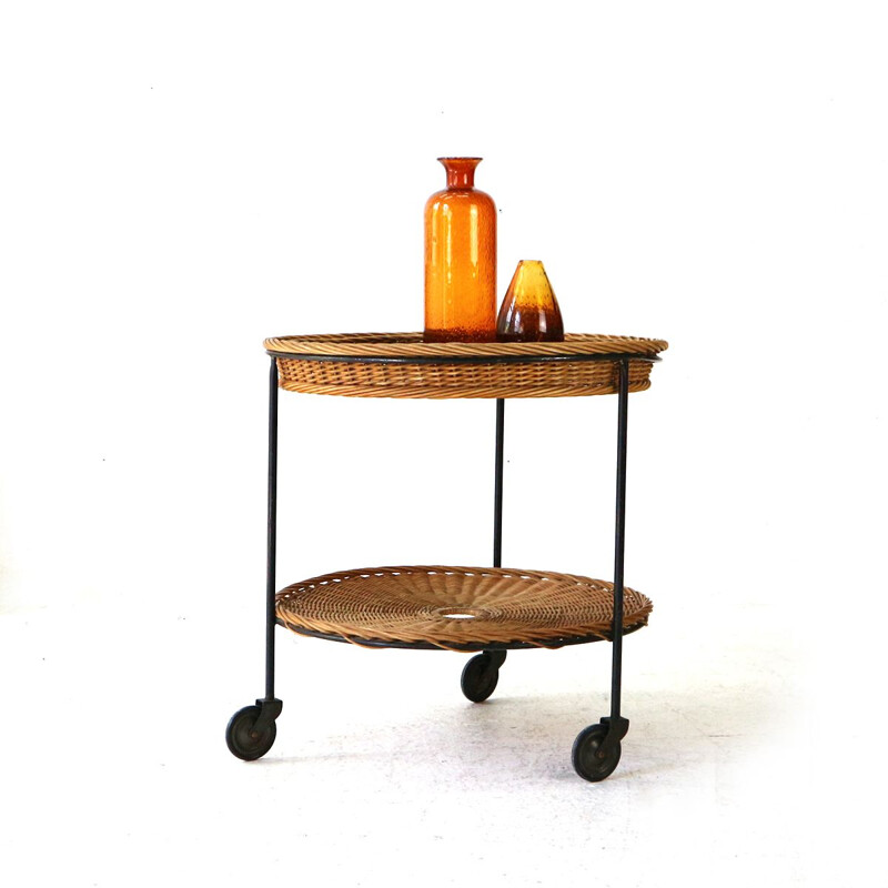 Vintage Wicker and Steel Serving Cart 1960