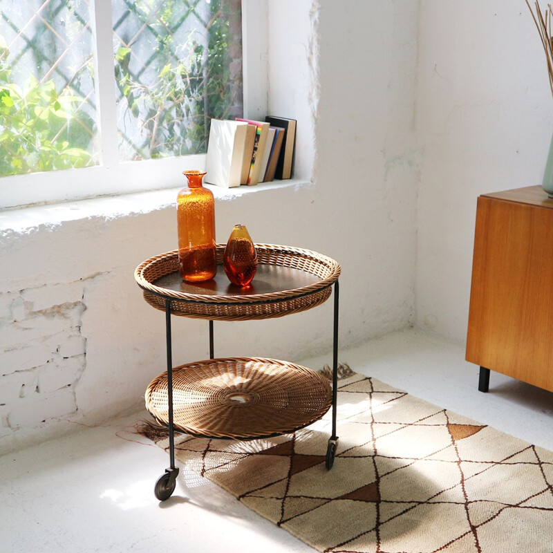 Vintage Wicker and Steel Serving Cart 1960