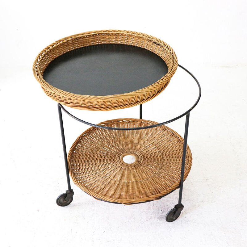 Vintage Wicker and Steel Serving Cart 1960