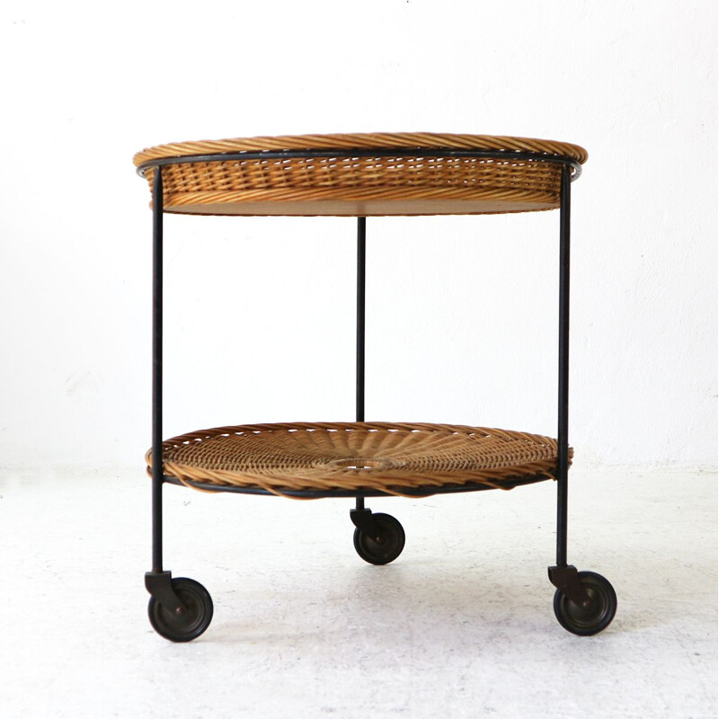 Vintage Wicker and Steel Serving Cart 1960