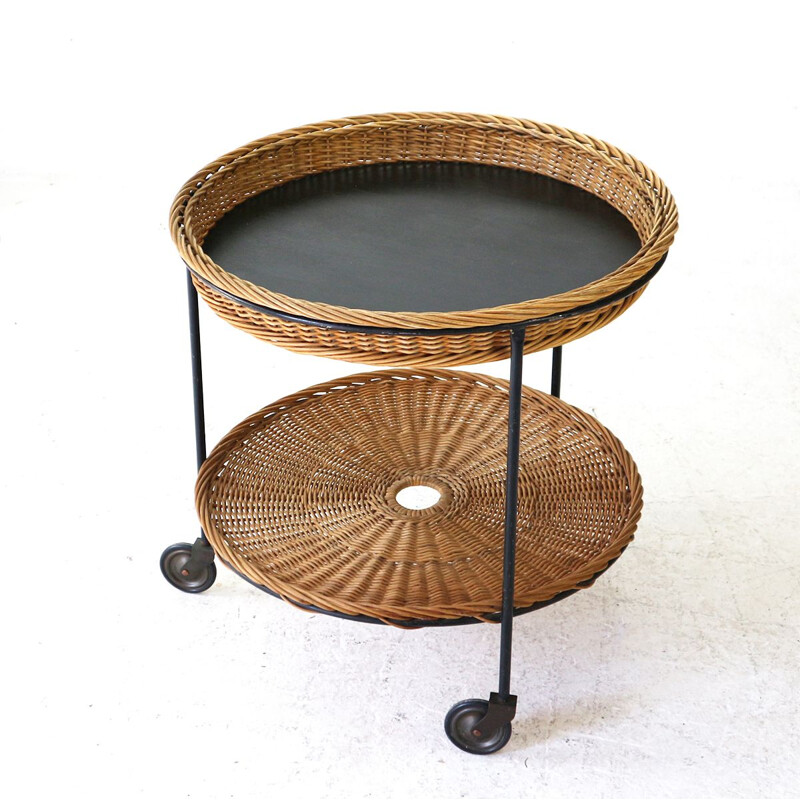 Vintage Wicker and Steel Serving Cart 1960