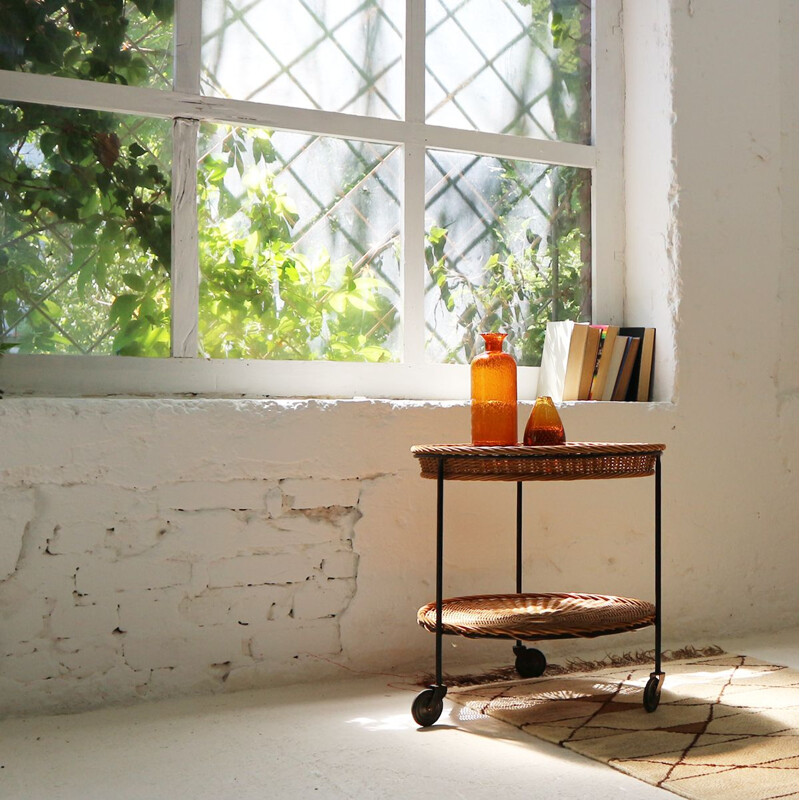 Vintage Wicker and Steel Serving Cart 1960