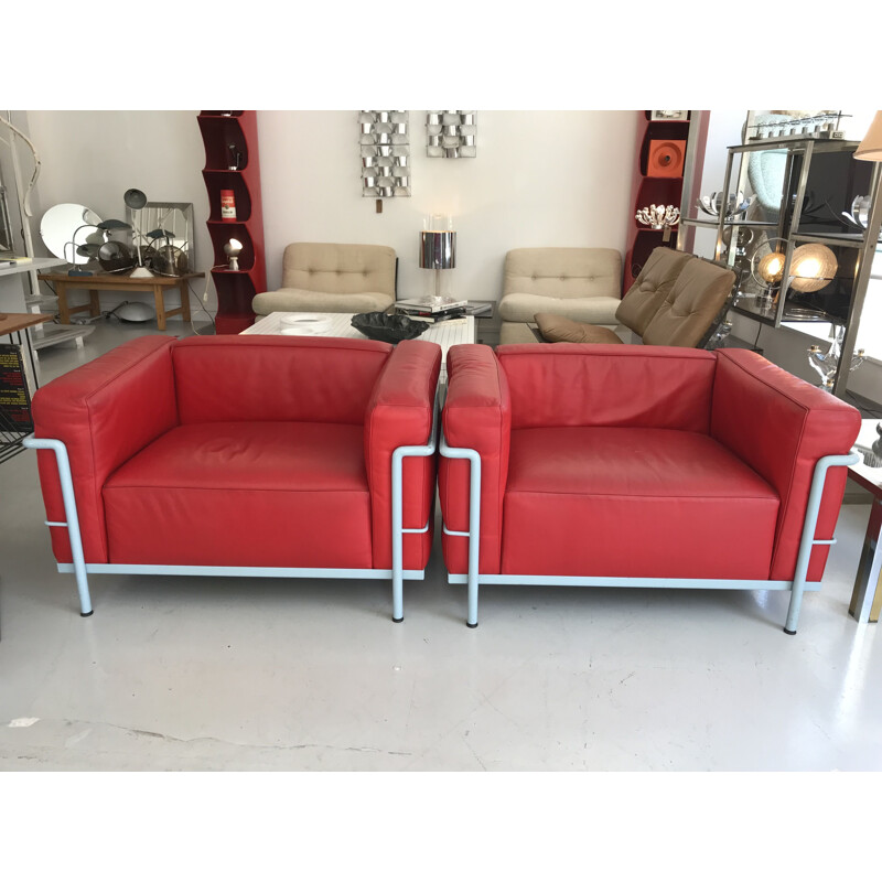 Pair of vintage LC3 red armchairs by Le Corbusier for Cassina