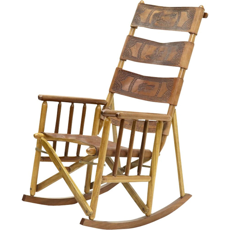 Vintage leather campaign folding rocking chair