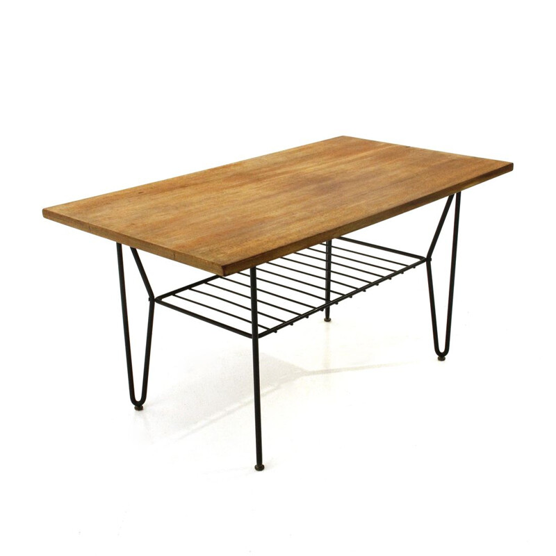 Vintage coffee table black metal and teak Italy 1950s