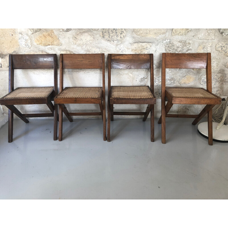 Set of 4 vintage chairs Bookshop by Pierre Jeanneret for Chandigarh 1950s