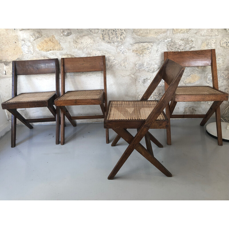 Set de 4 chaises vintage Librairie de Pierre Jeanneret pour Chandigarh 1950s