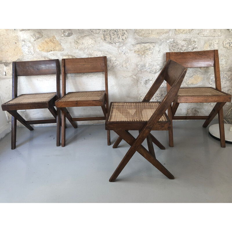 Set of 4 vintage chairs Bookshop by Pierre Jeanneret for Chandigarh 1950s