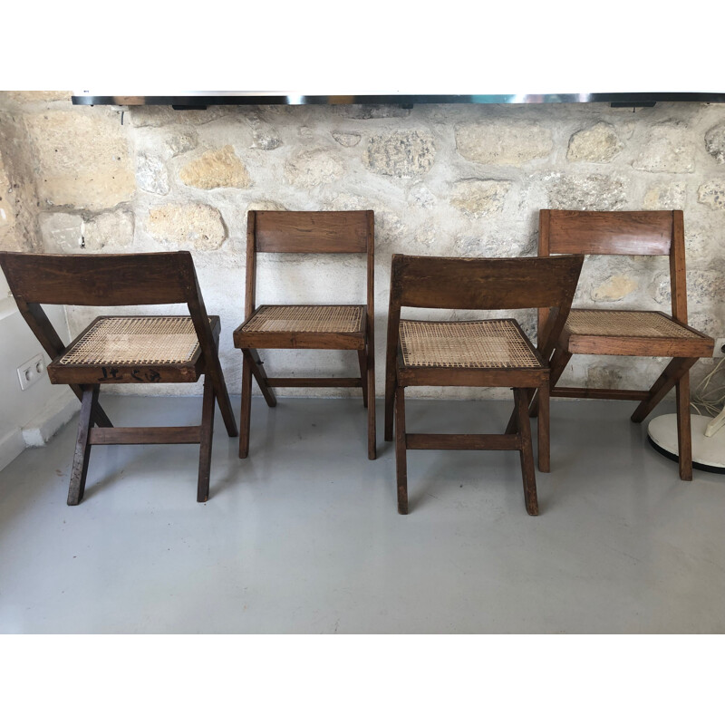 Set of 4 vintage chairs Bookshop by Pierre Jeanneret for Chandigarh 1950s