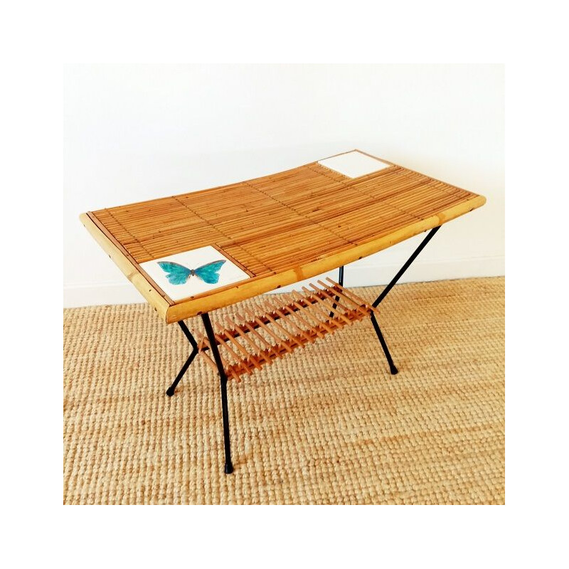 Table basse vintage en rotin et carreaux de céramique, 1950