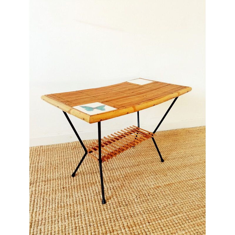 Vintage coffee table in rattan and ceramic tiles, 1950