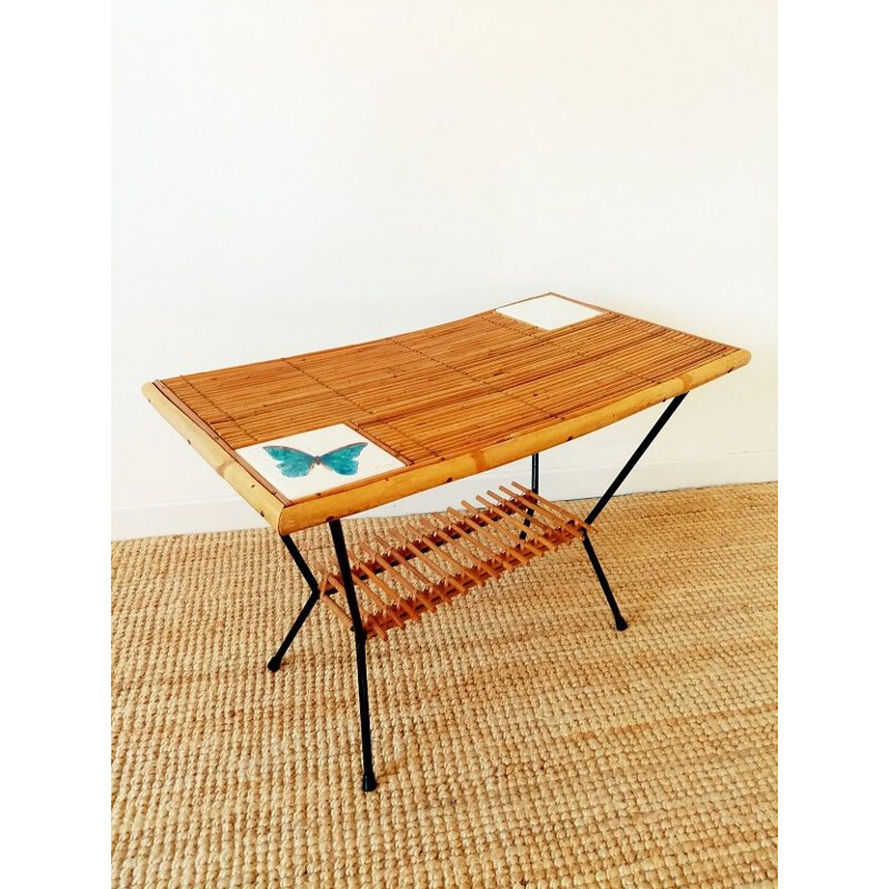 Vintage coffee table in rattan and ceramic tiles, 1950