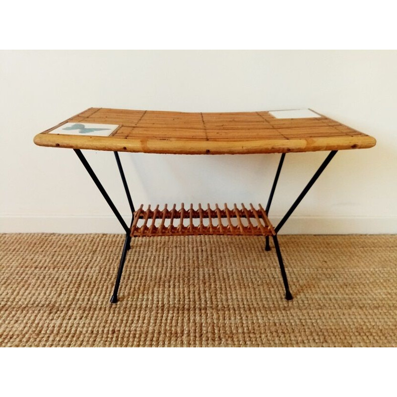 Vintage coffee table in rattan and ceramic tiles, 1950