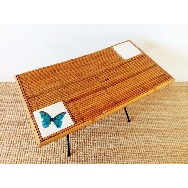 Vintage coffee table in rattan and ceramic tiles, 1950