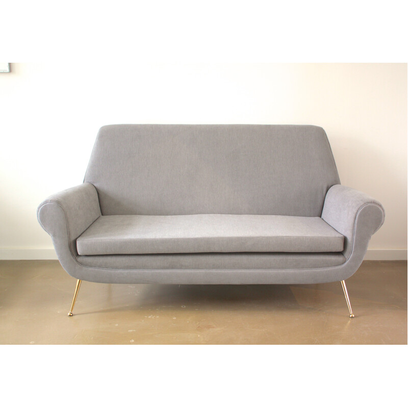 Minotti 2-seater sofa in grey fabic and brass, Gigi RADICE - 1950s