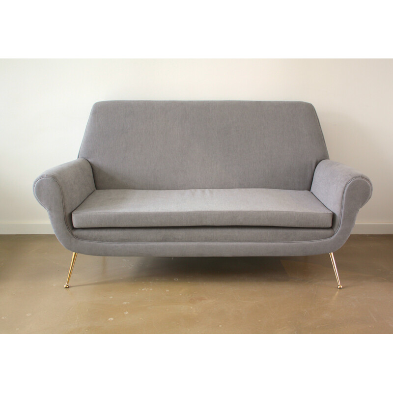 Minotti 2-seater sofa in grey fabic and brass, Gigi RADICE - 1950s