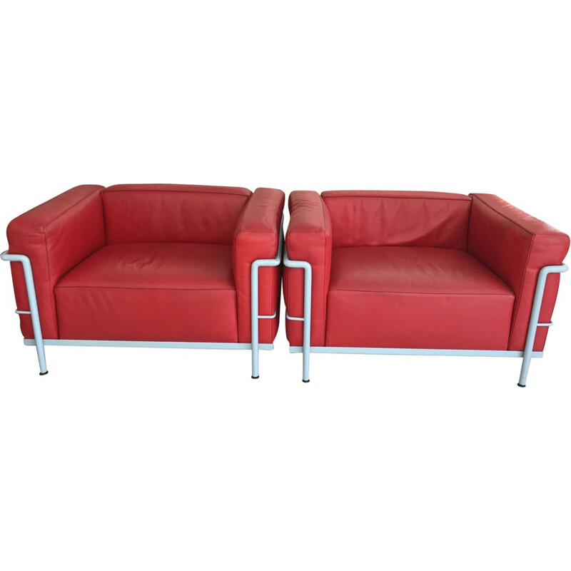 Pair of vintage LC3 red armchairs by Le Corbusier for Cassina