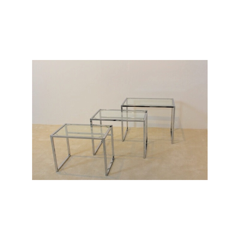 Set of 3 Ikea Swedish nestling tables in chrome and glass - 1960s