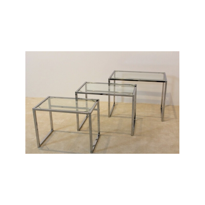 Set of 3 Ikea Swedish nestling tables in chrome and glass - 1960s