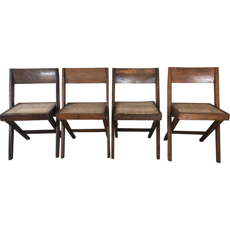 Set of 4 vintage chairs Bookshop by Pierre Jeanneret for Chandigarh 1950s