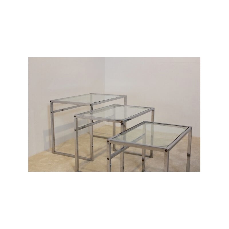 Conjunto de 3 mesas de nidificação Ikea cromadas e de vidro - 1960