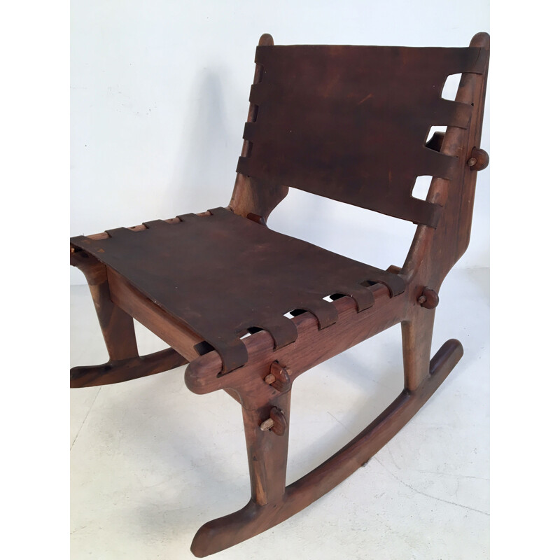 Vintage walnut and leather rocking chair by Angel Pazmino