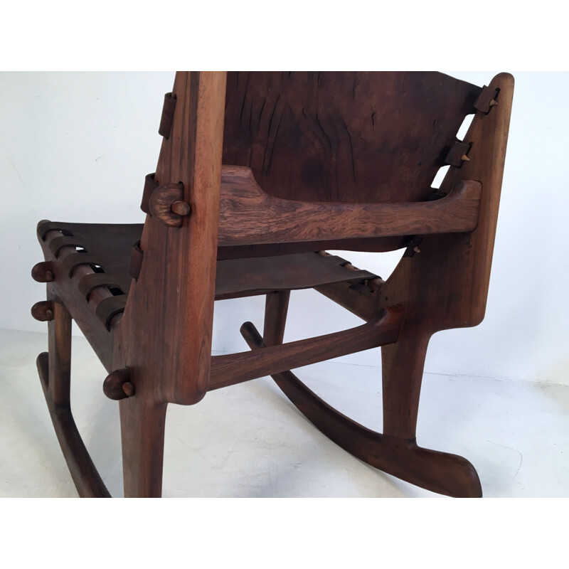 Vintage walnut and leather rocking chair by Angel Pazmino