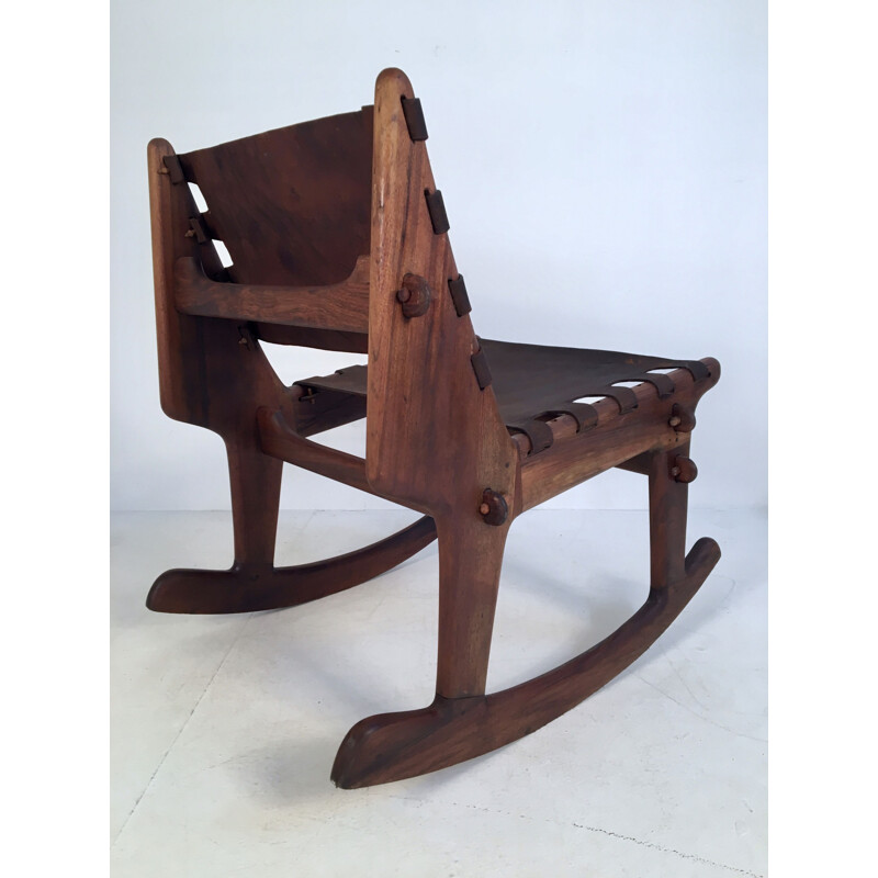 Vintage walnut and leather rocking chair by Angel Pazmino