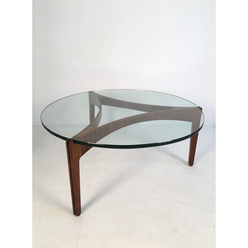 Vintage coffee table in glass and rosewood by Sven Ellekaer