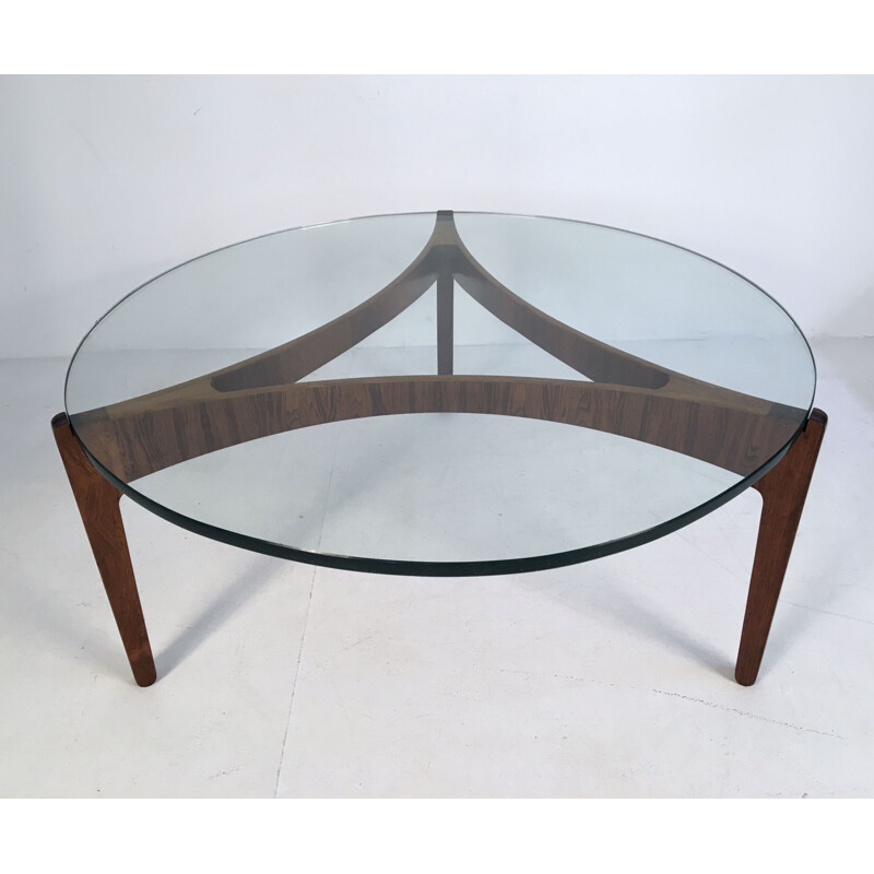 Vintage coffee table in glass and rosewood by Sven Ellekaer