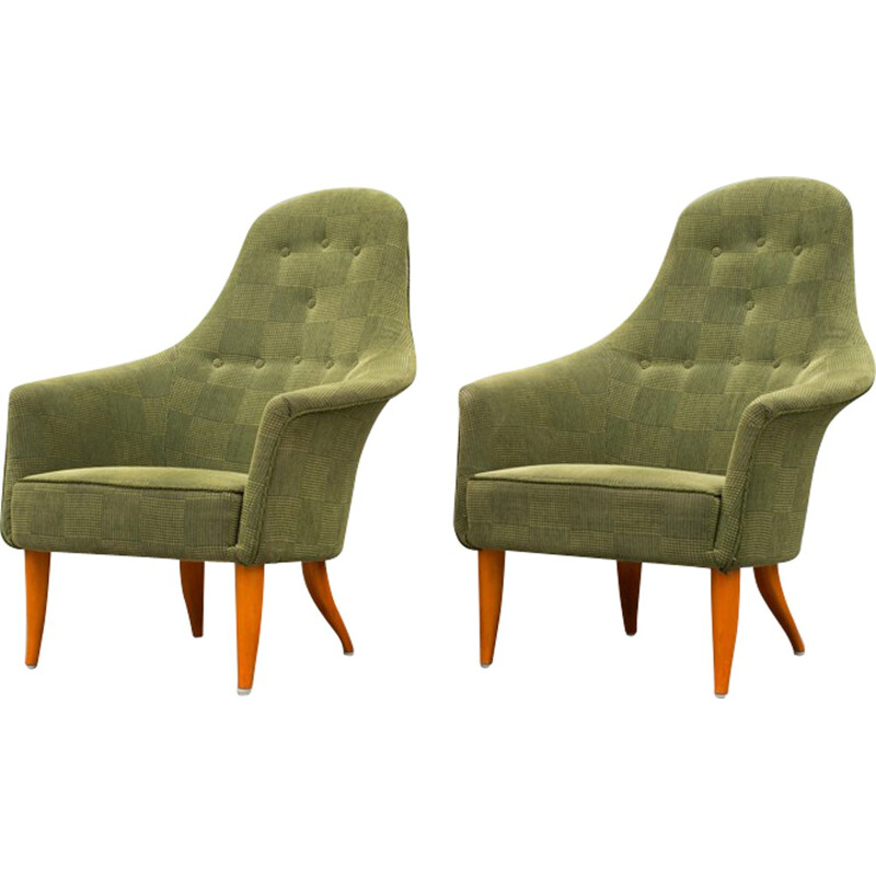 Pair of green armchairs in beech, Kerstin H. HOLMQUIST - 1960s