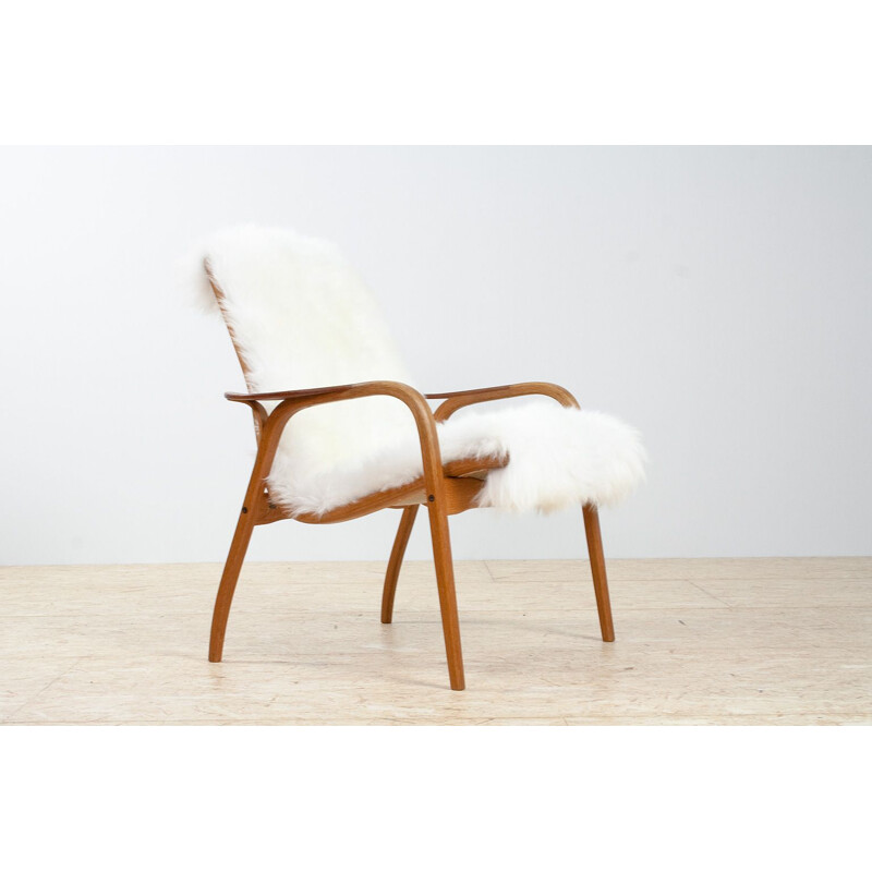 Vintage lounge chair by Yngve Ekström in oak & sheepskin, Scandinavian 1951