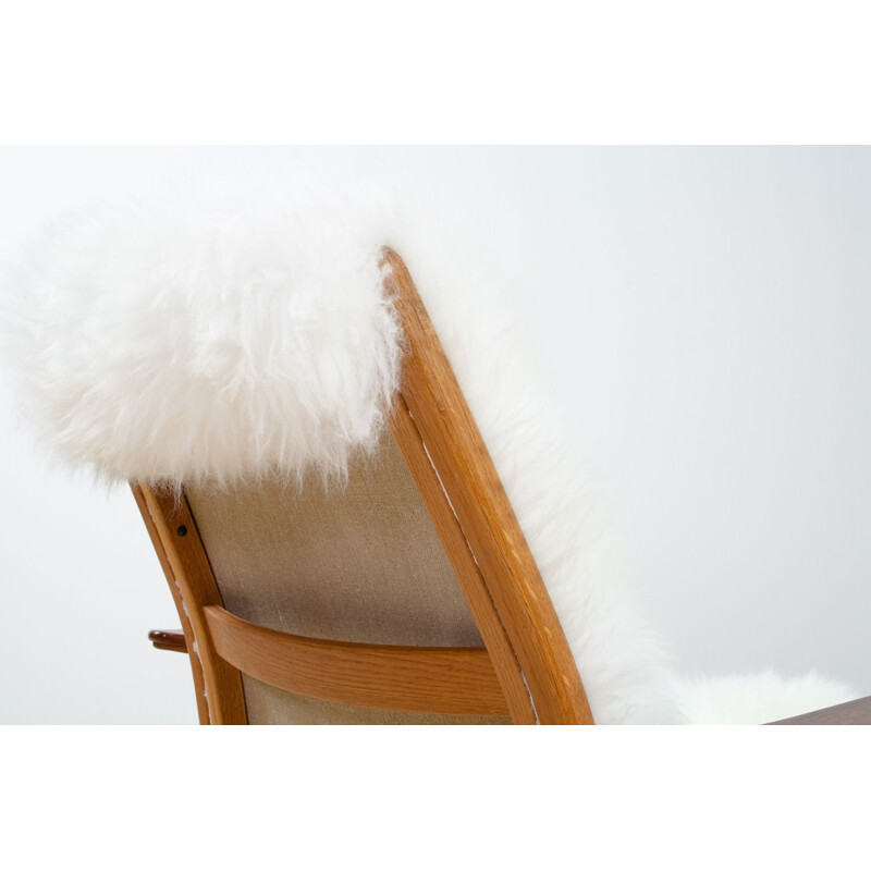 Vintage lounge chair by Yngve Ekström in oak & sheepskin, Scandinavian 1951